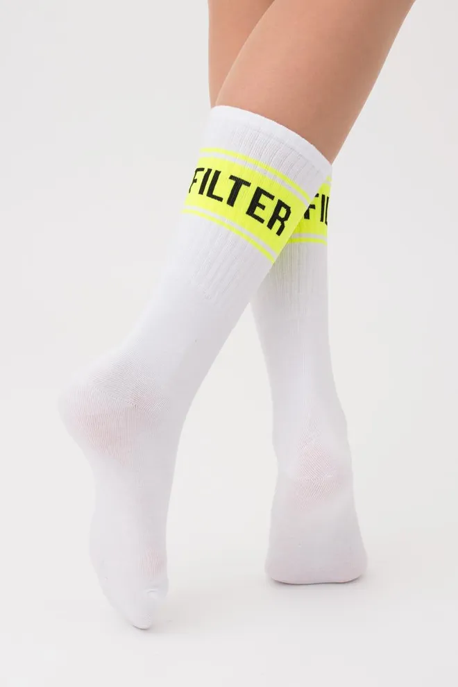 Носки женские высокие с принтом WS4 text strong 012 Giulia (white/yellow neon)