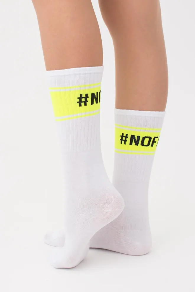 Носки женские высокие с принтом WS4 text strong 012 Giulia (white/yellow neon)