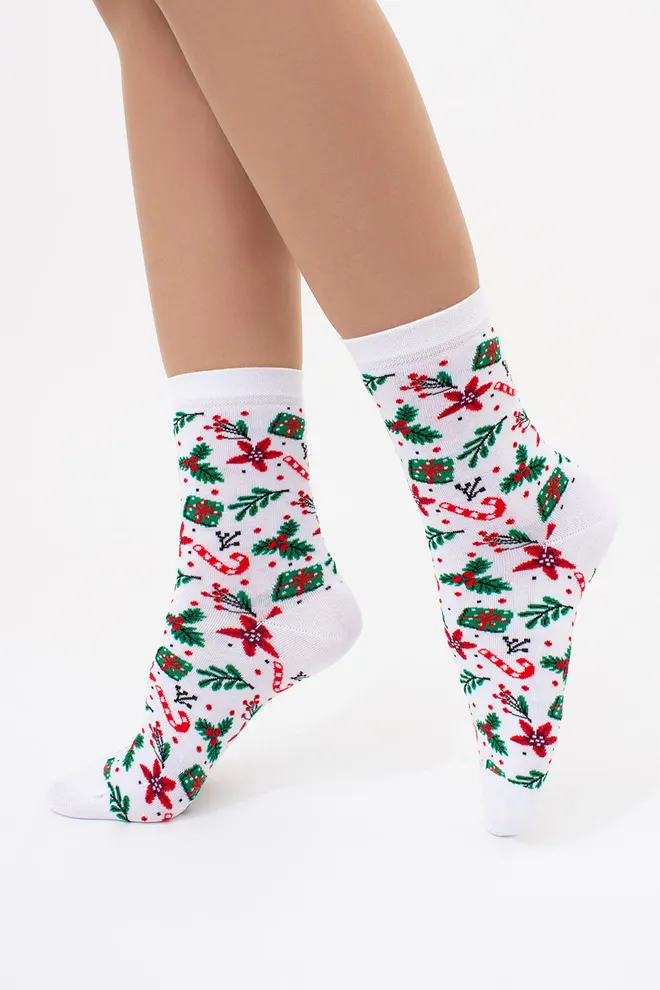 Шкарпетки жіночі з новорічною тематикою WS3 NEW YEAR 2409 Giulia (white), білий