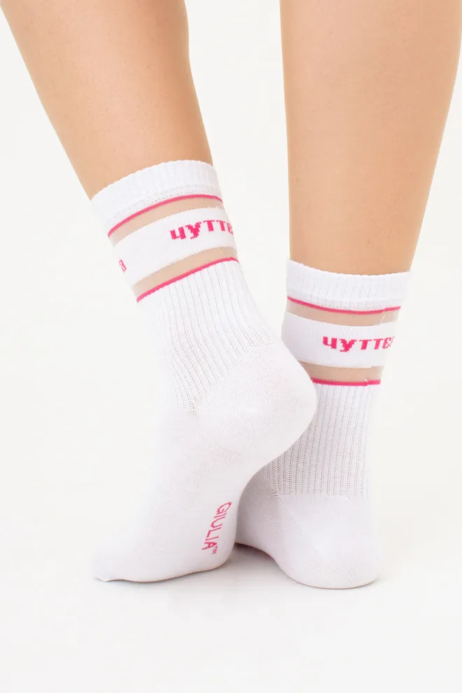 Высокие носки с надписью "Чуттєва" WS3 CRISTAL STRONG 005 Giulia (white/fuchia), белый/розовый