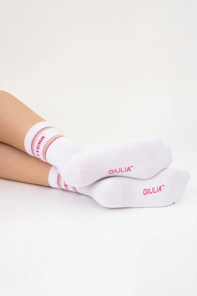 Высокие носки с надписью "Чуттєва" WS3 CRISTAL STRONG 005 Giulia (white/fuchia), белый/розовый