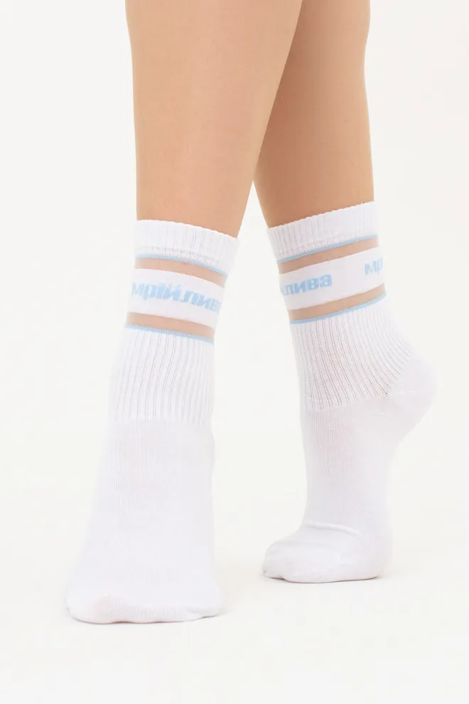 Высокие носки с надписью "Мрійлива" WS3 CRISTAL STRONG 004 Giulia (white/baby blue), белый/голубой