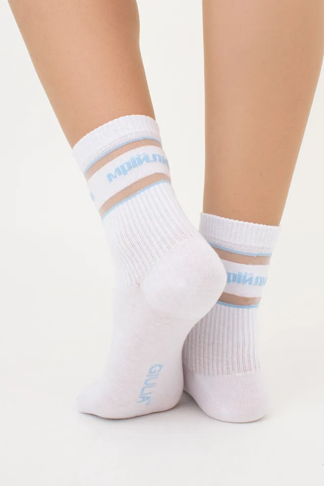 Высокие носки с надписью "Мрійлива" WS3 CRISTAL STRONG 004 Giulia (white/baby blue), белый/голубой