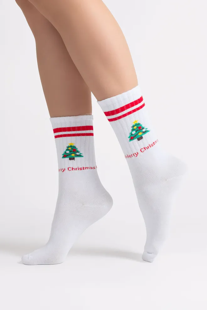 Женские носки с елкой WS4 NEW YEAR STRONG 2602 Giulia (white/red), белый/красный