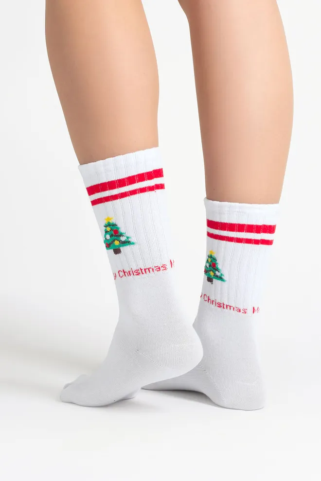 Женские носки с елкой WS4 NEW YEAR STRONG 2602 Giulia (white/red), белый/красный